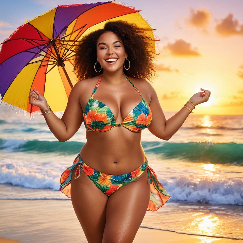 A full-figured woman joyfully dancing in a vibrant beach setting, surrounded by colorful beach umbrellas and playful waves. She embodies a blend of playful naughtiness and serene cheerfulness, wearing a striking bikini with tropical patterns, radiating confidence and vitality. In the background, a beautiful sunset casts warm hues across the sky, creating an inviting atmosphere of adventure and relaxation. super-realistic. vibrant colors. tropical style.