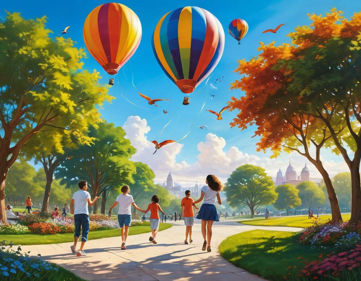 A whimsical scene depicting a diverse group of adults joyfully engaged in playful activities such as kite flying, bouncing on giant balloons, and painting colorful murals. The setting is a vibrant park filled with lush greenery and flowers, emitting a sense of freedom and happiness. Bright blue skies and golden sunshine enhance the mood, with playful shadows and light reflecting off the joyous faces. These adults exhibit a bold spirit of playfulness and creativity, radiating bliss. super-realistic. vibrant colors. playful atmosphere.