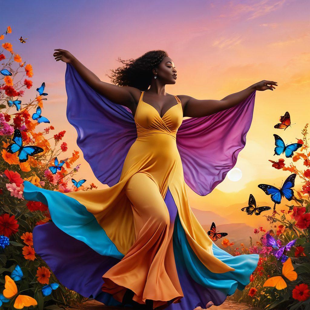 A joyful, curvy silhouette dancing among vibrant flowers and colorful butterflies, radiating confidence and sensuality. The background features a warm sunset, casting beautiful golden light, symbolizing self-love and playful exploration. Include soft, flowing fabrics around the figure, emphasizing movement and joy. The atmosphere should feel uplifting and liberating. vibrant colors. super-realistic.